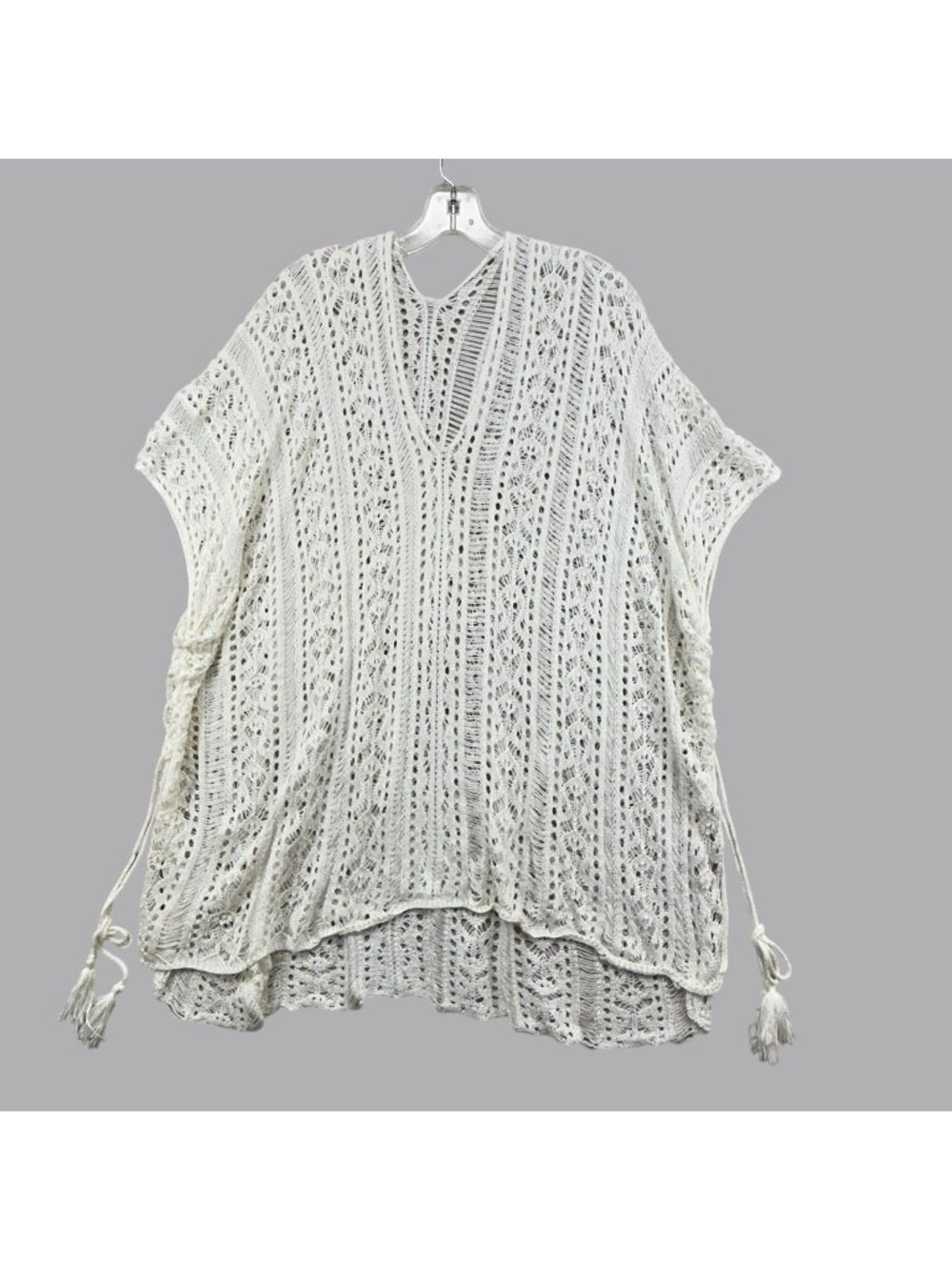 Womens Boho Crochet Knit Poncho Cover Up Tassel One Size Cream Beach Festival